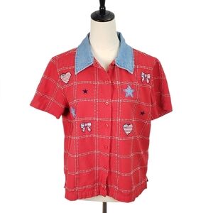 Lemon Grass Embroidered Patchwork Top Red, White & Blue Sz M Americana Star Bow